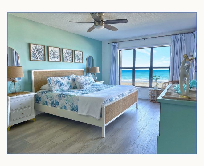 Primary king suite with panoramic ocean view, teal accent wall, and coastal decor