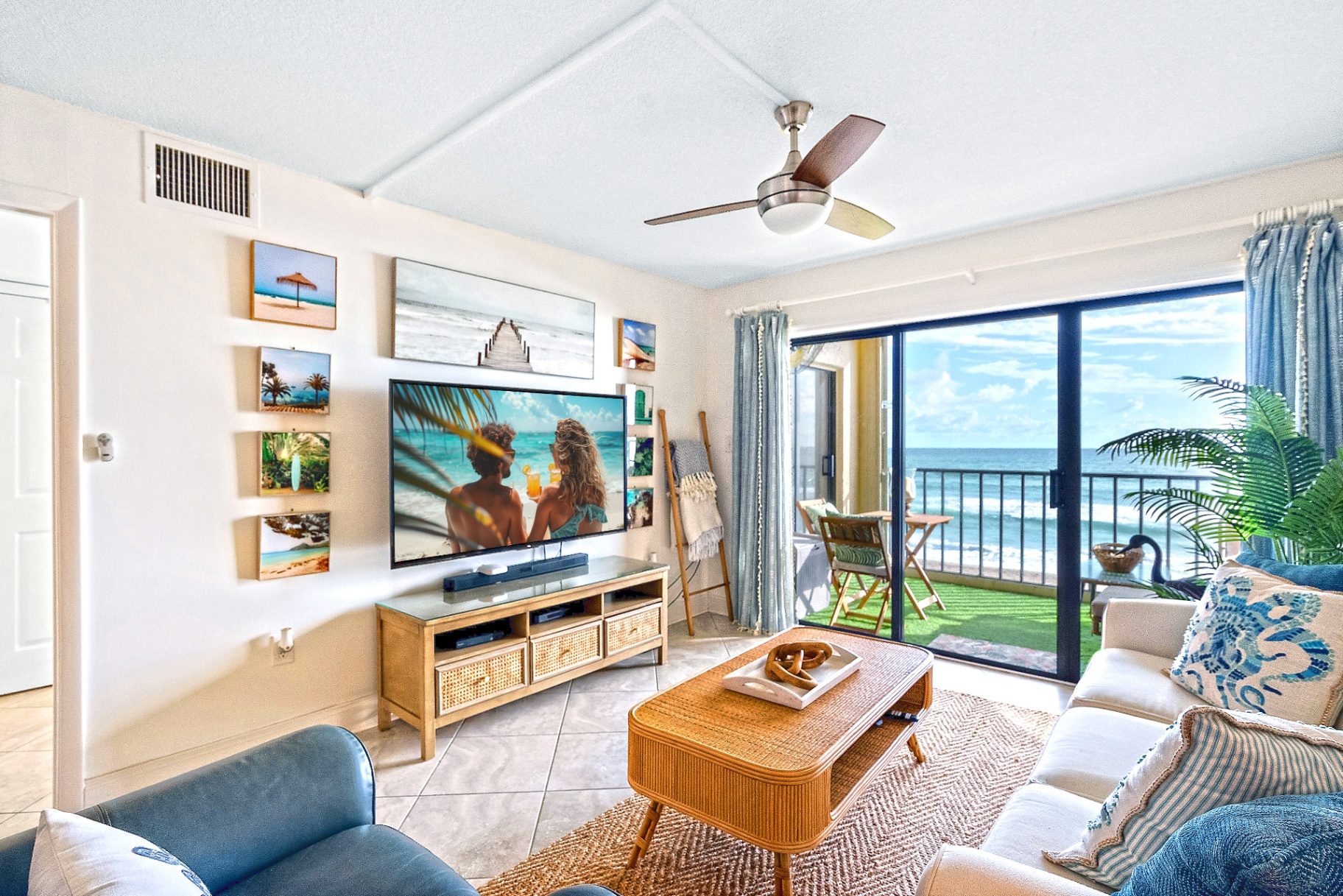 Luxury living room with floor-to-ceiling Atlantic Ocean views inside Our Beachfront Oasis